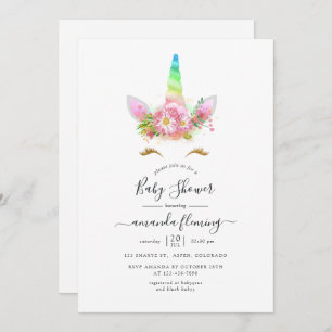 Invitación Baby Shower Galaxy Rainbow Floral Unicorn