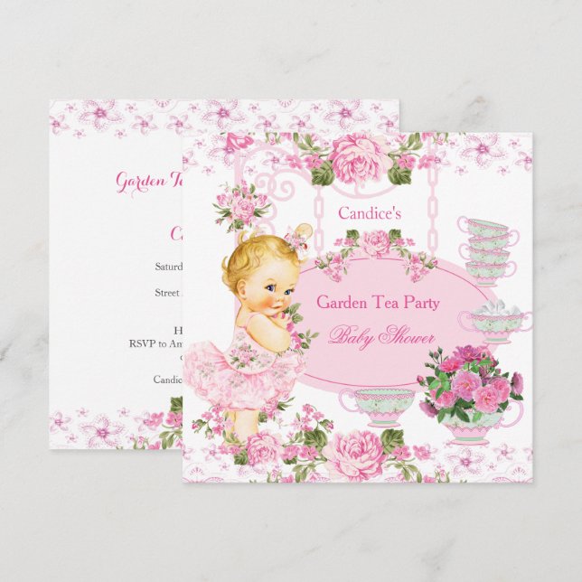 Invitación Baby Shower Garden Tea Fiesta Lace Pink Blonde (Anverso / Reverso)