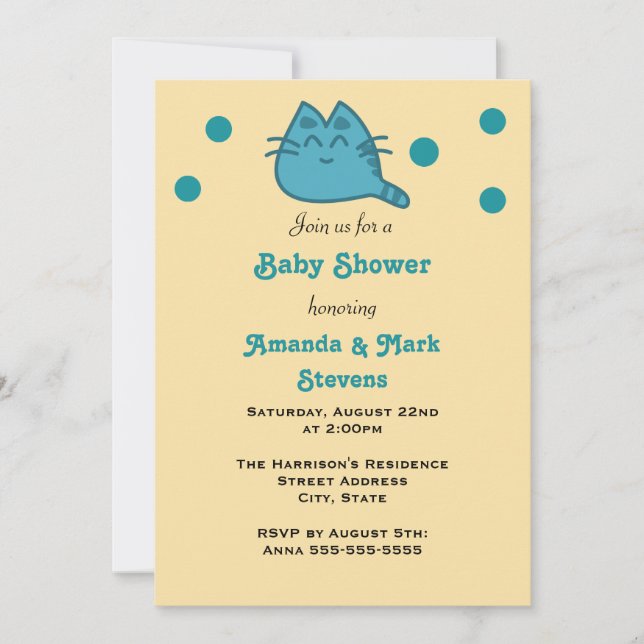 Invitación Baby Shower Gato Kitty Sonriente Azul (Anverso)