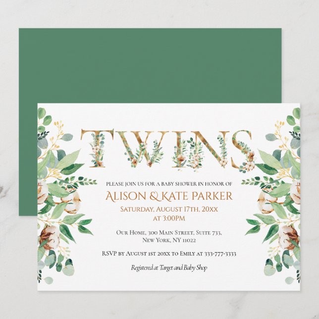 Invitación Baby Shower gemelo | Alfa de oro de Eucalyptus de  (Anverso / Reverso)