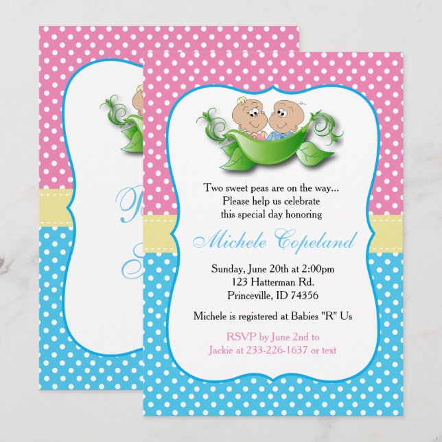 Invitación Baby Shower gemelo - Dos Peas En Un Pod (Anverso / Reverso)