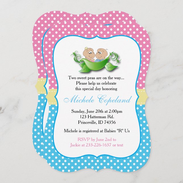 Invitación Baby Shower gemelo - Dos Peas En Un Pod (Anverso / Reverso)