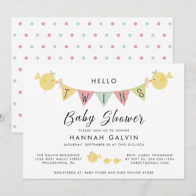 Invitación Baby Shower gemelo| Mama Bird & Chicks (Anverso / Reverso)