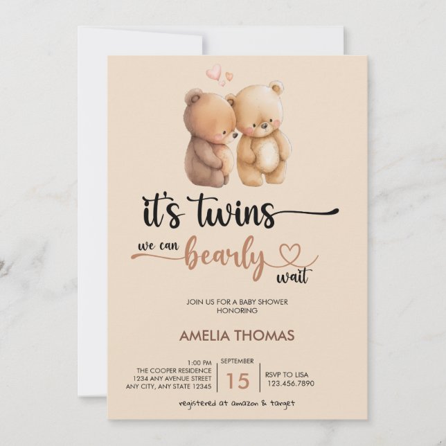 Invitación Baby Shower gemelo | Teddy Bear (Anverso)
