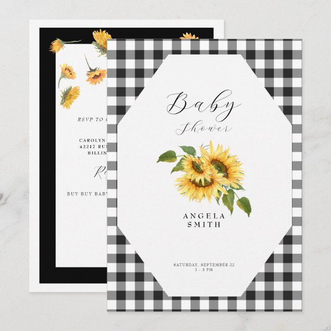 Invitación Baby Shower genérico de girasol de Gingham negro (Anverso / Reverso)