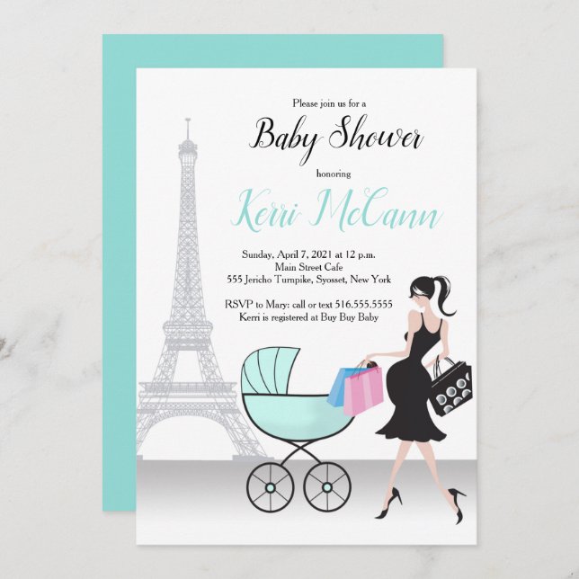 Invitación Baby Shower genérico de la Torre Eiffel de París (Anverso / Reverso)