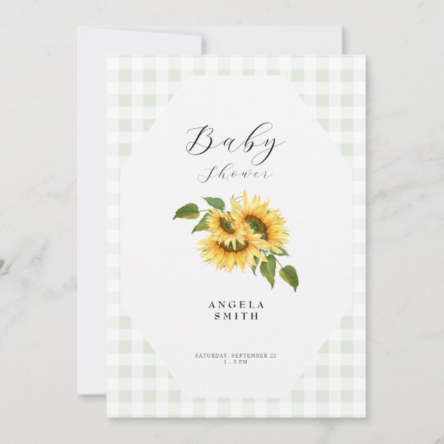Invitación Baby Shower genérico Light Sage Gingham Sunflower (Anverso)