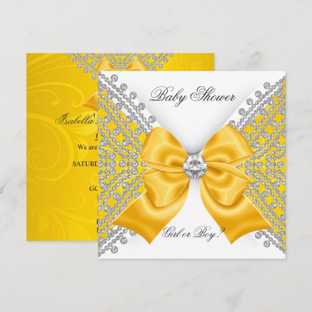 Invitación Baby Shower Género revelar blanco amarillo (Anverso / Reverso)