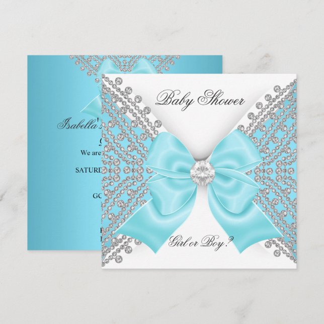 Invitación Baby Shower Género revelar blanco azul Verde azula (Anverso / Reverso)
