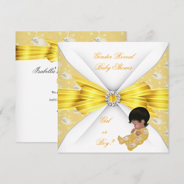 Invitación Baby Shower Género revelar Chica amarillo Bunny AM (Anverso / Reverso)