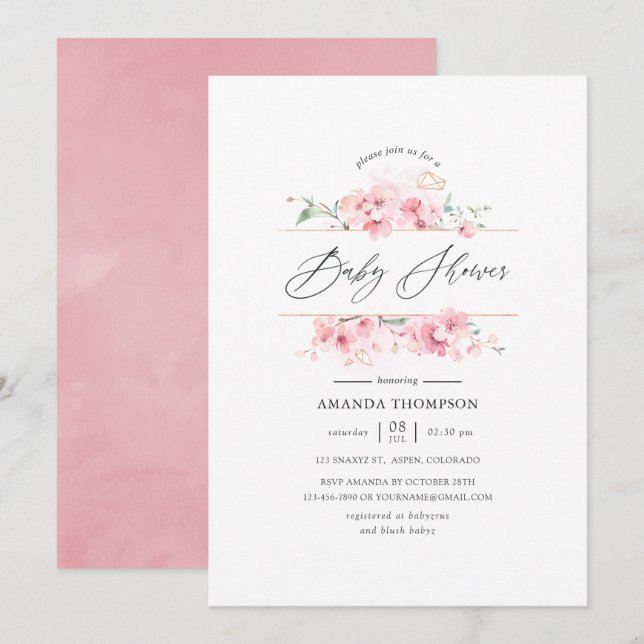Invitación Baby Shower geométrico con flores de cerezo rosa (Anverso / Reverso)