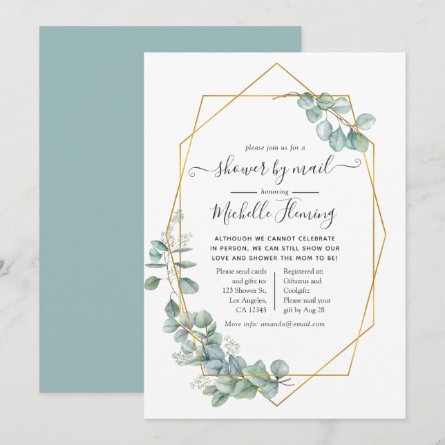Invitación Baby Shower geométrico de eucalipto por correo (Anverso / Reverso)