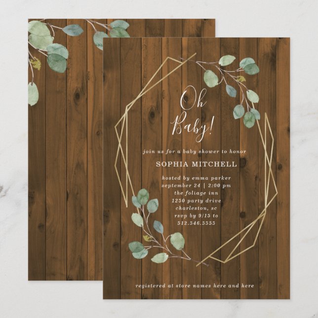 Invitación Baby Shower geométrico de eucalipto ruso | Oh bebé (Anverso / Reverso)
