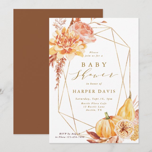 Invitación Baby Shower geométrico de oro floral de otoño ruso (Anverso / Reverso)