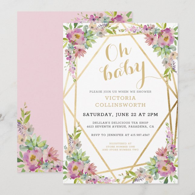 Invitación Baby Shower geométrico de oro floral rosa de bonit (Anverso / Reverso)