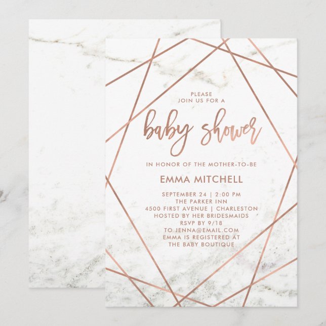Invitación Baby Shower geométrico de oro Rosa de mármol y fal (Anverso / Reverso)
