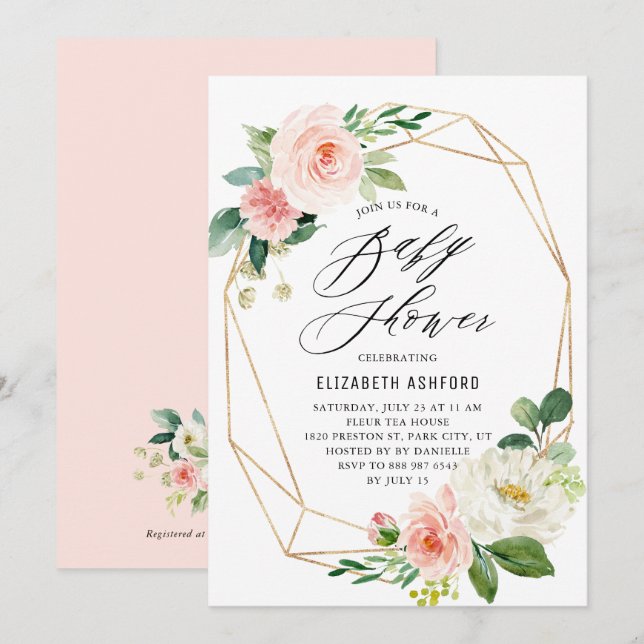 Invitación Baby Shower Geométrico Gold Frame Pink Florals (Anverso / Reverso)