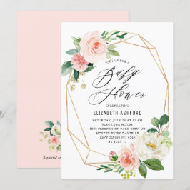Invitación Baby Shower Geométrico Gold Frame Pink Florals