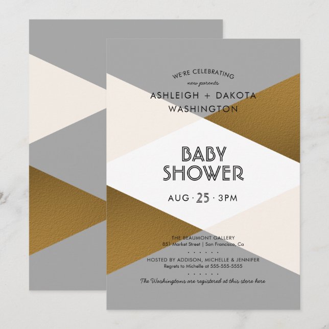 Invitación Baby Shower Geométrico Gris y Gold moderno (Anverso / Reverso)