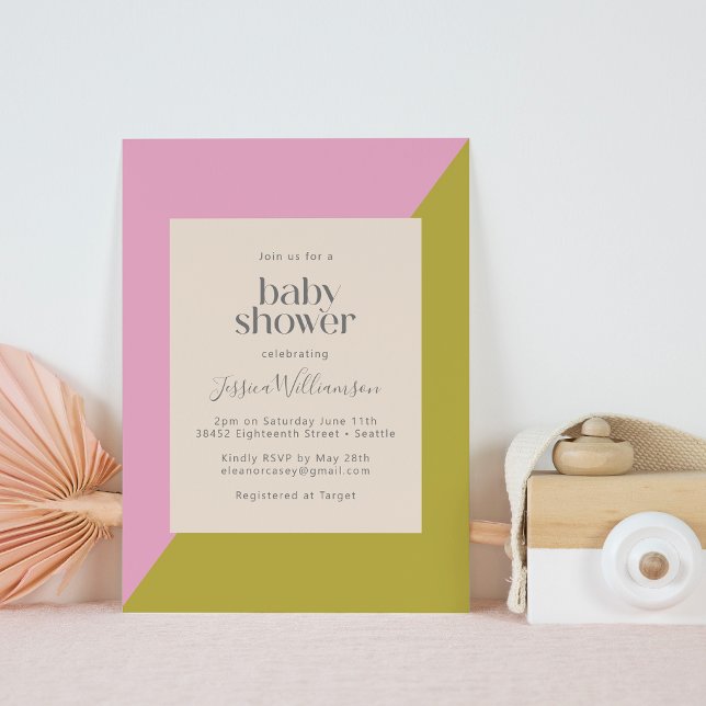 Invitación Baby Shower geométrico moderno rosa y verde (Subido por el creador)