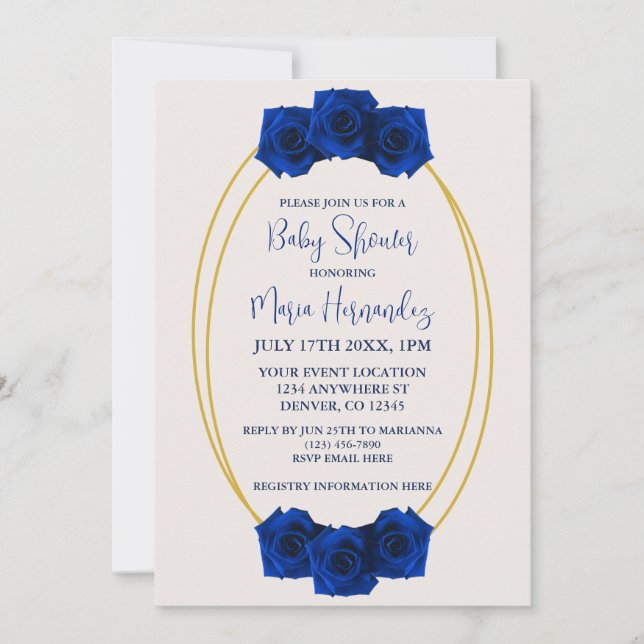 Invitación Baby Shower geométrico real azul y oro (Anverso)