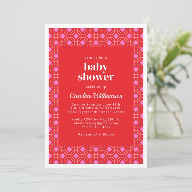 Invitación Baby Shower geométrico rosa rojo brillante moderno (Anverso de pie)