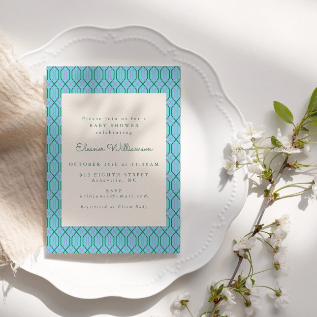 Invitación Baby Shower geométrico verde azul de época (Subido por el creador)