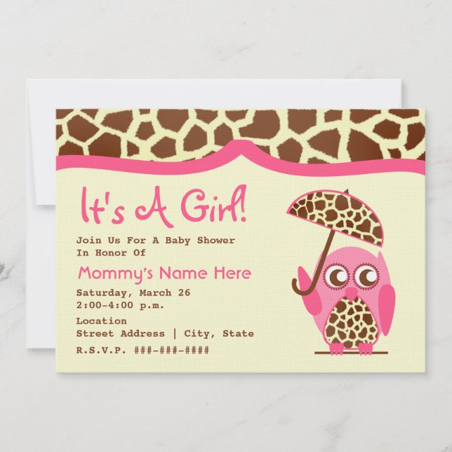 Invitación Baby Shower - Giraffe Print & Pink Owl & Umbrella (Anverso)