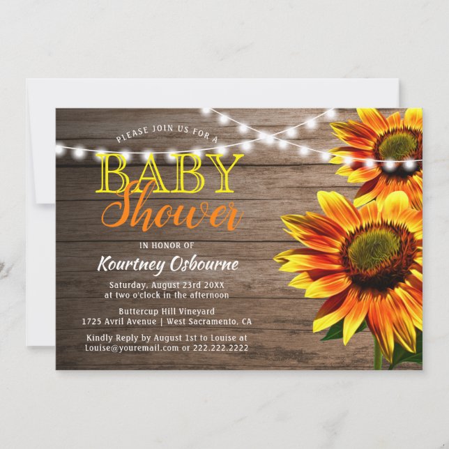 Invitación Baby Shower Girasol Rústico (Anverso)