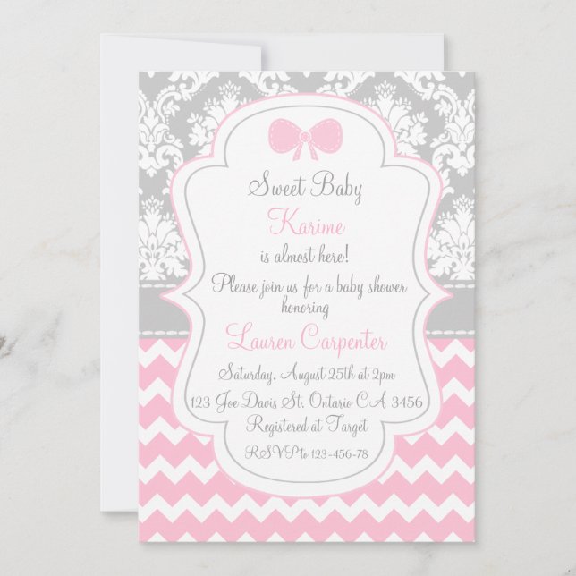 Invitación Baby shower girl invitation pink chevron and grey (Anverso)