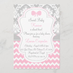 Invitación Baby shower girl invitation pink chevron and grey