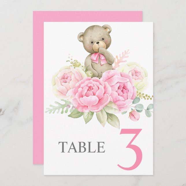 Invitación Baby Shower Girl Pink BearTable sign (Anverso / Reverso)
