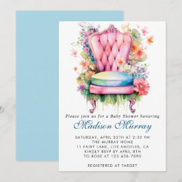 Invitación Baby Shower Girly Blue & Pink Floral Flower Chair