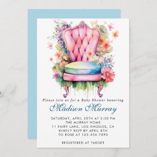 Invitación Baby Shower Girly Blue & Pink Floral Flower Chair