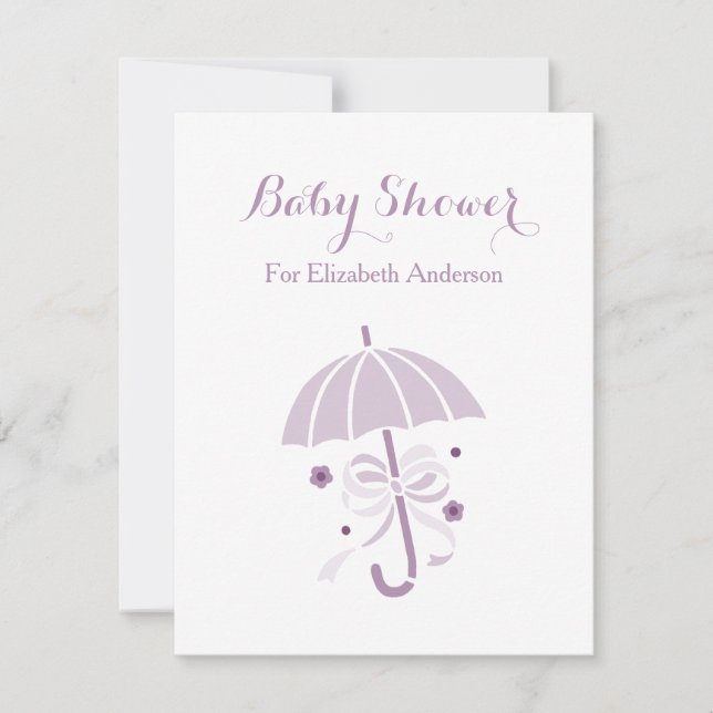 Invitación Baby Shower Girly Cute El Paraguas Morado Con Bow (Anverso)