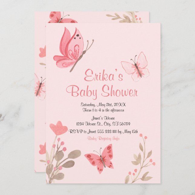 Invitación Baby Shower Girly Cute Pink Butterflies (Anverso / Reverso)