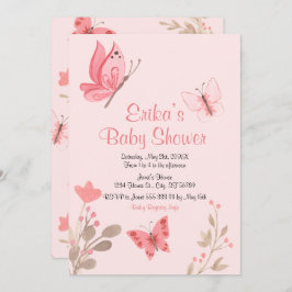 Invitación Baby Shower Girly Cute Pink Butterflies