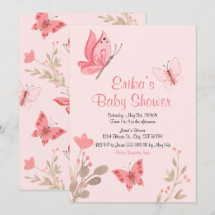 Invitación Baby Shower Girly Cute Pink Butterflies