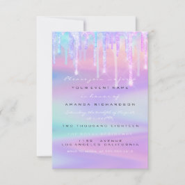 Invitación Baby Shower Girly Feed Drip Holograph Unicorn Pink