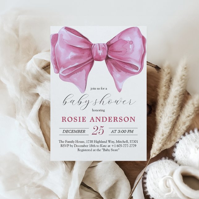 Invitación Baby Shower Girly Pink Watercolor Bow (Girly Pink Watercolor Bow Baby Shower Invitation)