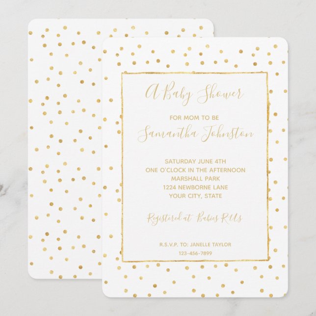 Invitación Baby Shower Glitzy Gold y White Confetti (Anverso / Reverso)