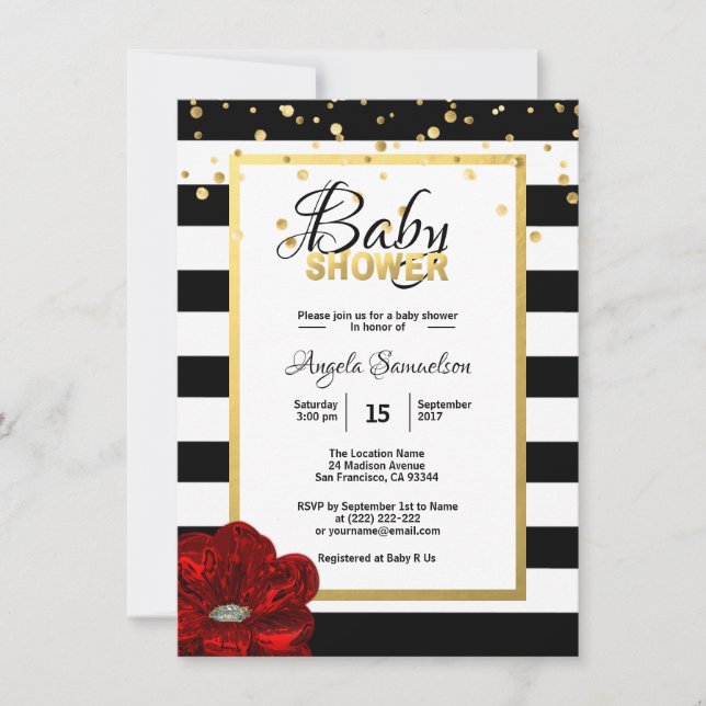 Invitación Baby Shower Gold Black Floral RED Rose (Anverso)