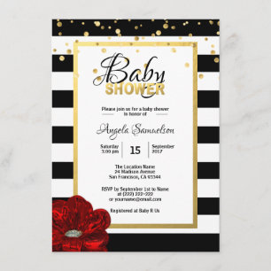 Invitación Baby Shower Gold Black Floral RED Rose