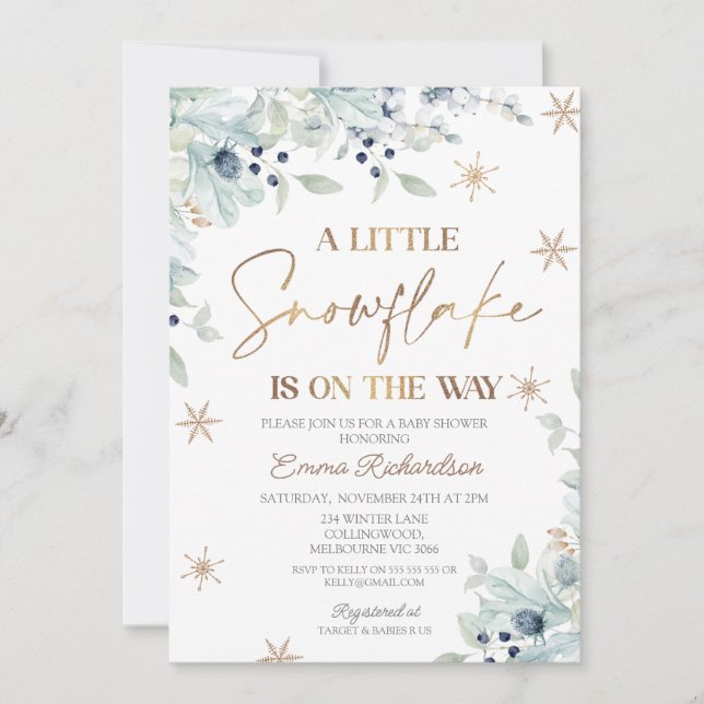 Invitación Baby Shower Gold Blue Flor Little Snowflake (Anverso)