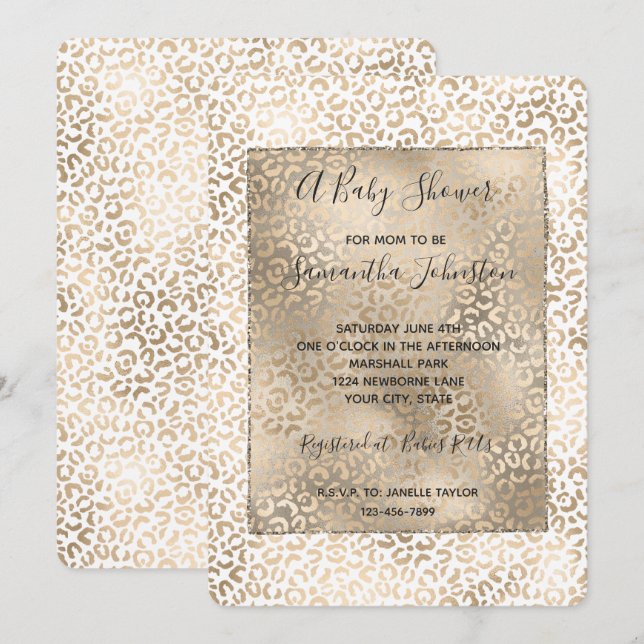 Invitación Baby Shower Gold Bronze Leopard Print (Anverso / Reverso)