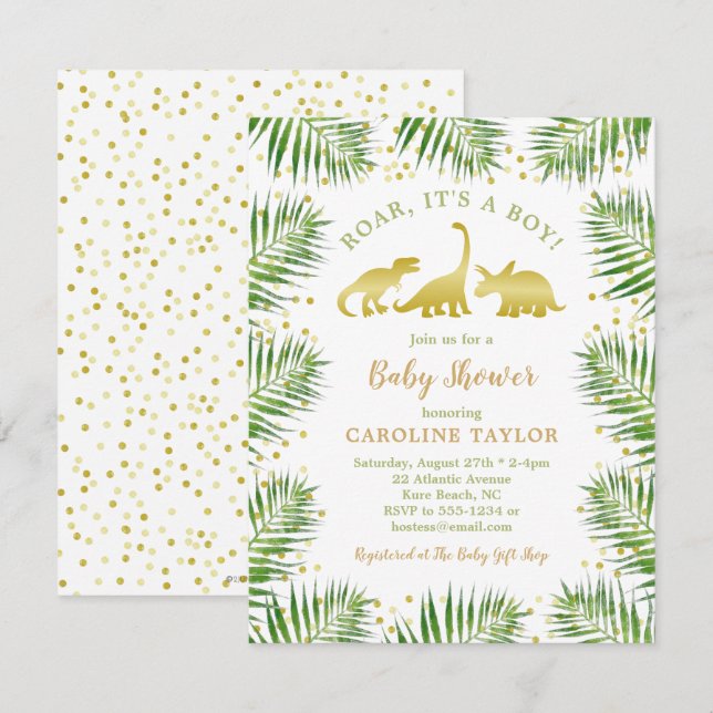 Invitación Baby Shower Gold Dinosaur Tropical Greenery (Anverso / Reverso)