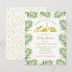 Invitación Baby Shower Gold Dinosaur Tropical Greenery