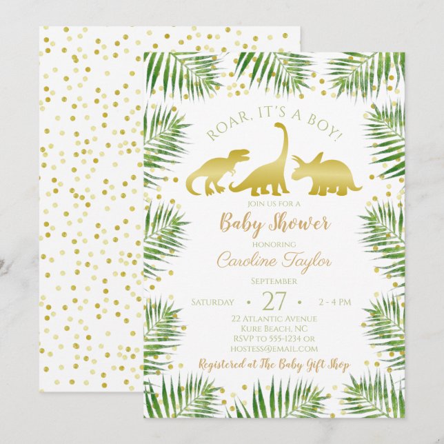 Invitación Baby Shower Gold Dinosaur Tropical Greenery (Anverso / Reverso)