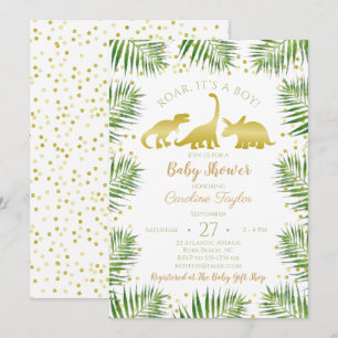 Invitación Baby Shower Gold Dinosaur Tropical Greenery