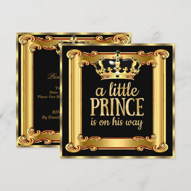 Invitación Baby Shower Gold Faux Relieve metalizado Black Fra (Anverso / Reverso)